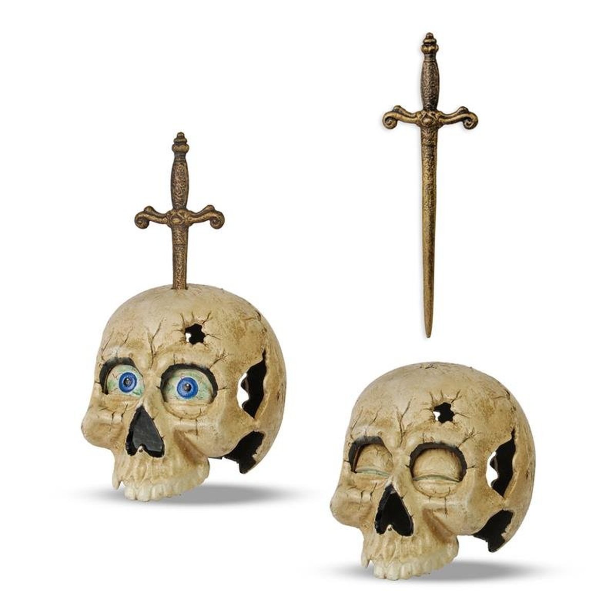 A CAST IRON SKULL PIERCED WITH SWORD