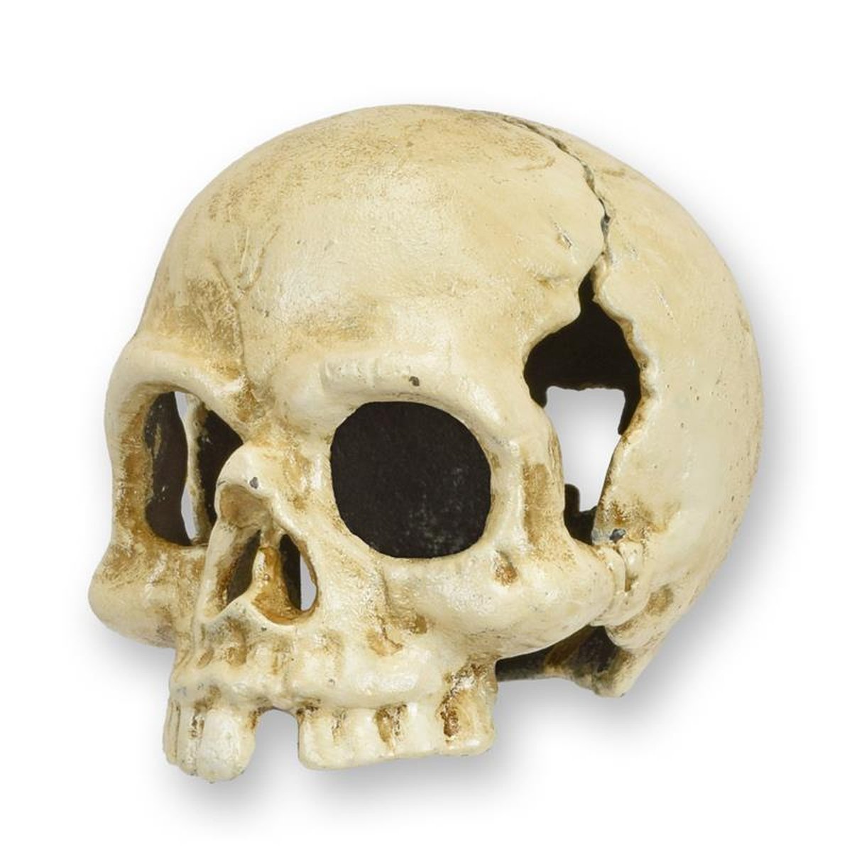 A CAST IRON SKULL TEA LIGHT HOLDER, OLD WHITE