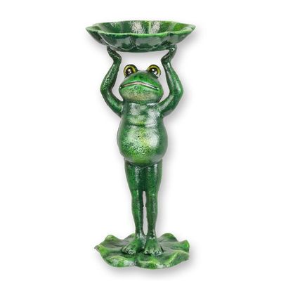 A CAST IRON STANDING FROG BIRDFEEDER