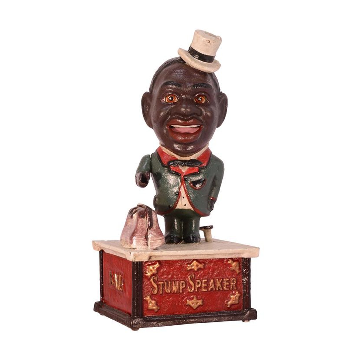 A CAST IRON STUMP SPEAKER MECHANICAL BANK