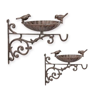 A CAST IRON WALL MOUNT BIRD BATH WITH HOOK, BROWN