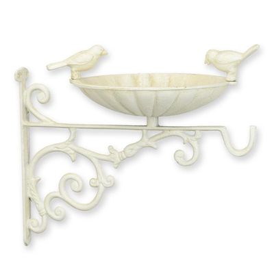 A CAST IRON WALL MOUNT BIRD BATH WITH HOOK, OLD WHITE