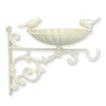 A CAST IRON WALL MOUNT BIRD BATH WITH HOOK, OLD WHITE