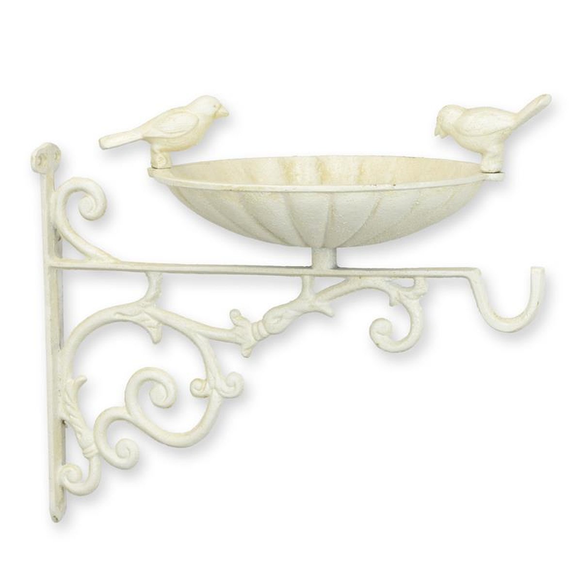 A CAST IRON WALL MOUNT BIRD BATH WITH HOOK, OLD WHITE