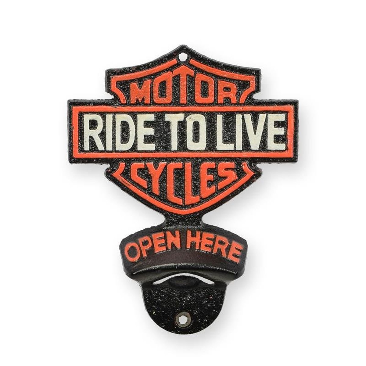 A CAST IRON WALL MOUNT BOTTLE OPENER - RIDE TO LIVE
