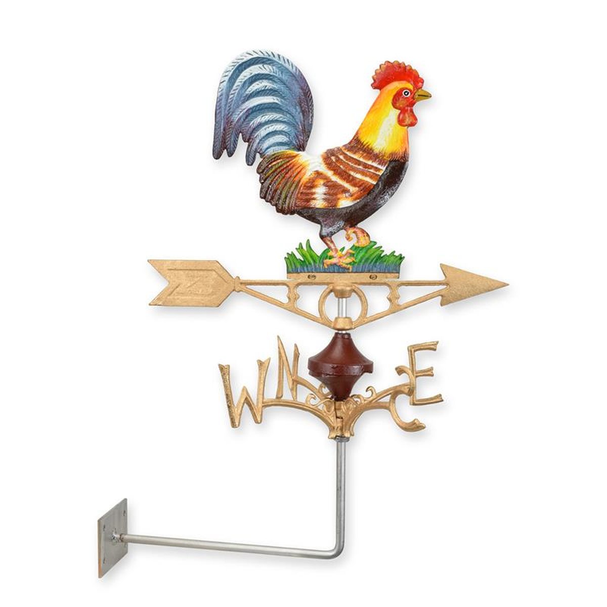A CAST IRON WALL MOUNT ROOSTER WEATHERVANE