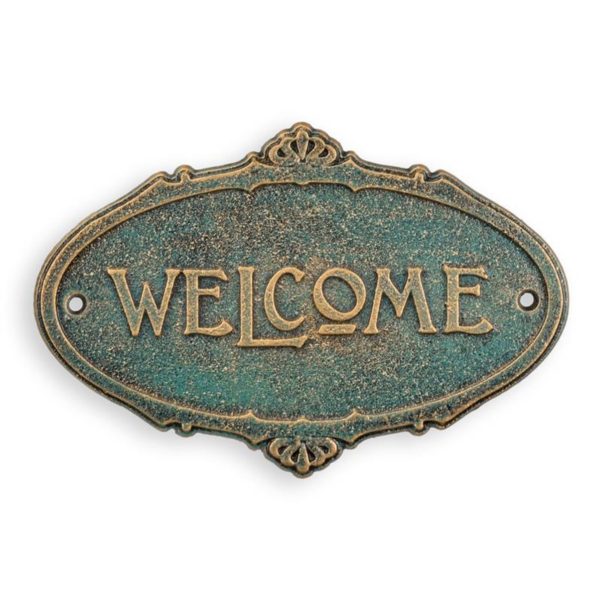 A CAST IRON WELCOME" PLAQUE - GREEN & GOLD"