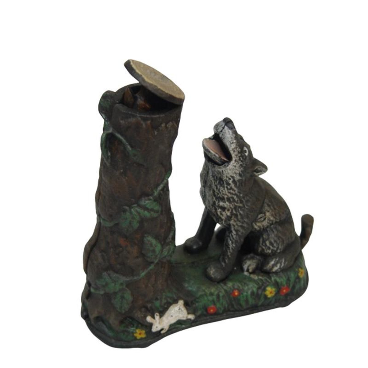 A CAST IRON WOLF LOOKING UP TREE MECHANICAL BANK