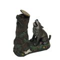 A CAST IRON WOLF LOOKING UP TREE MECHANICAL BANK