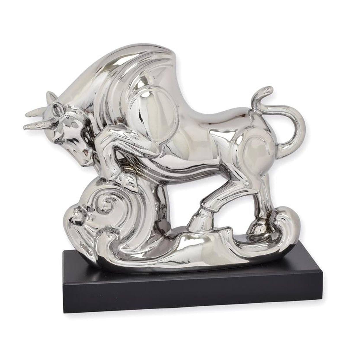 A CERAMIC FIGURINE OF A BULL