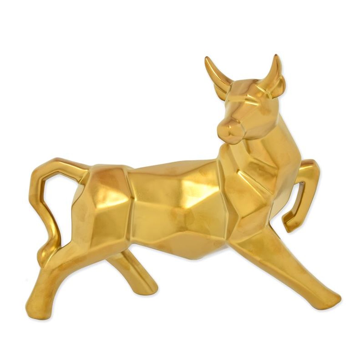 A CERAMIC POLYGONAL FIGURINE OF A BULL