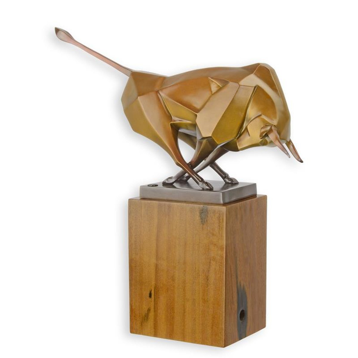 A CUBIST BRONZE SCULPTURE OF A BULL MOUNTED ON WOODEN BASE