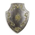 A DECORATED IRON WALL MOUNT SHIELD - SILVER & GOLD