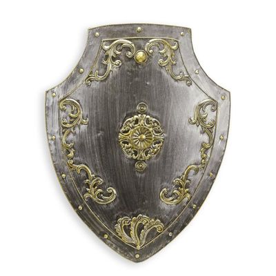 A DECORATED IRON WALL MOUNT SHIELD - SILVER & GOLD