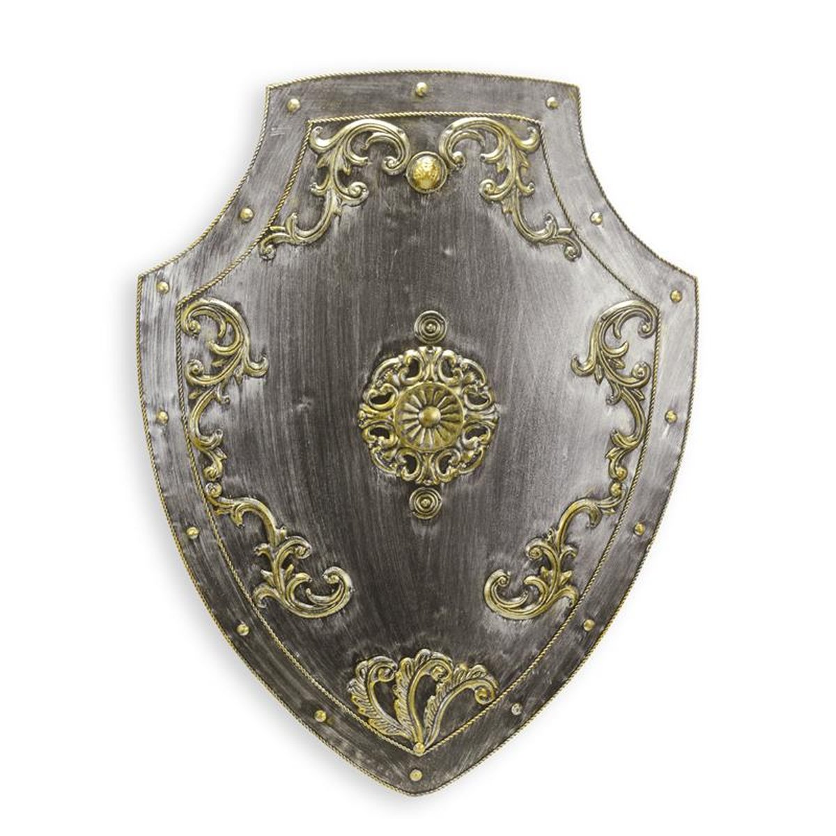 A DECORATED IRON WALL MOUNT SHIELD - SILVER & GOLD