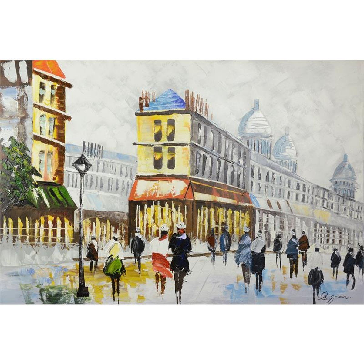 A FRAMED OIL PAINTING DEPICTING A PARIS STREET SCENE