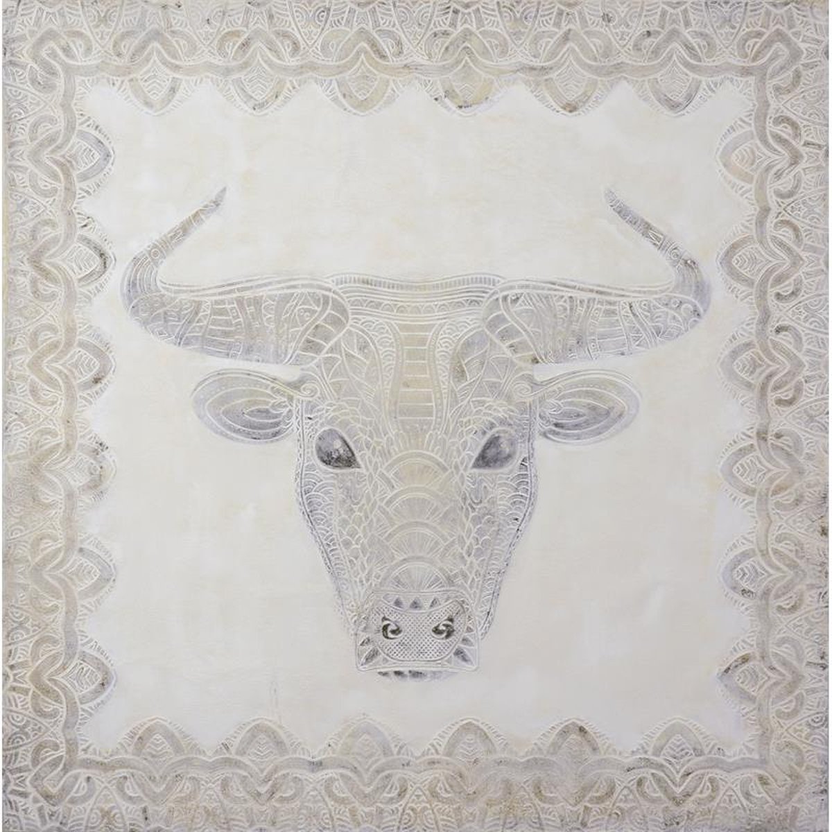 A FRAMED OIL PAINTING IN RELIEF, DEPICTING A BULL HEAD
