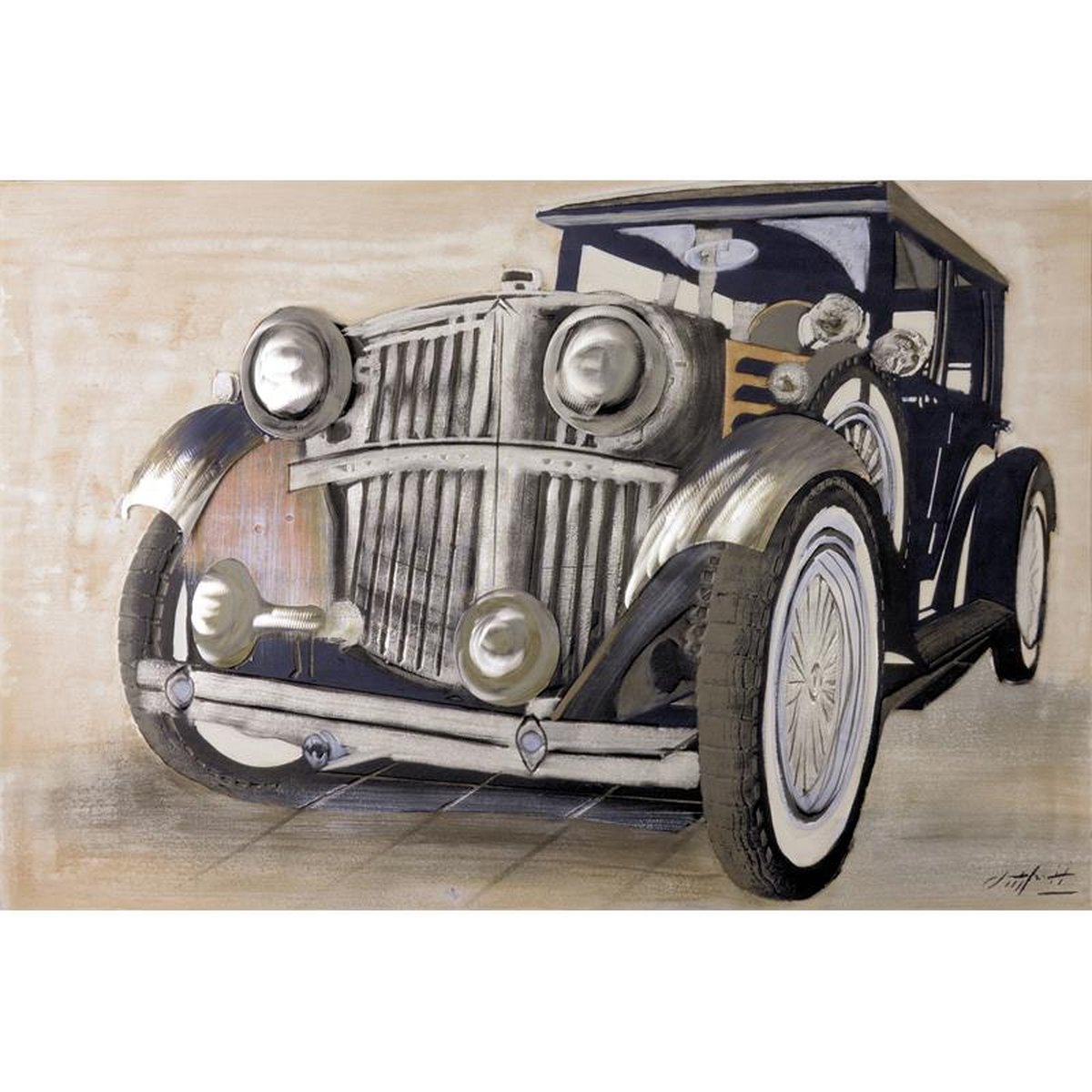 A FRAMED OIL PAINTING IN RELIEF, DEPICTING A CLASSIC CAR