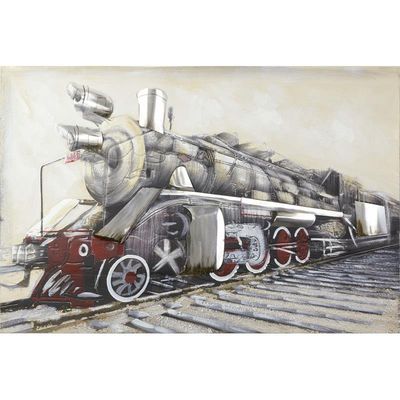 A FRAMED OIL PAINTING IN RELIEF, DEPICTING A LOCOMOTIVE