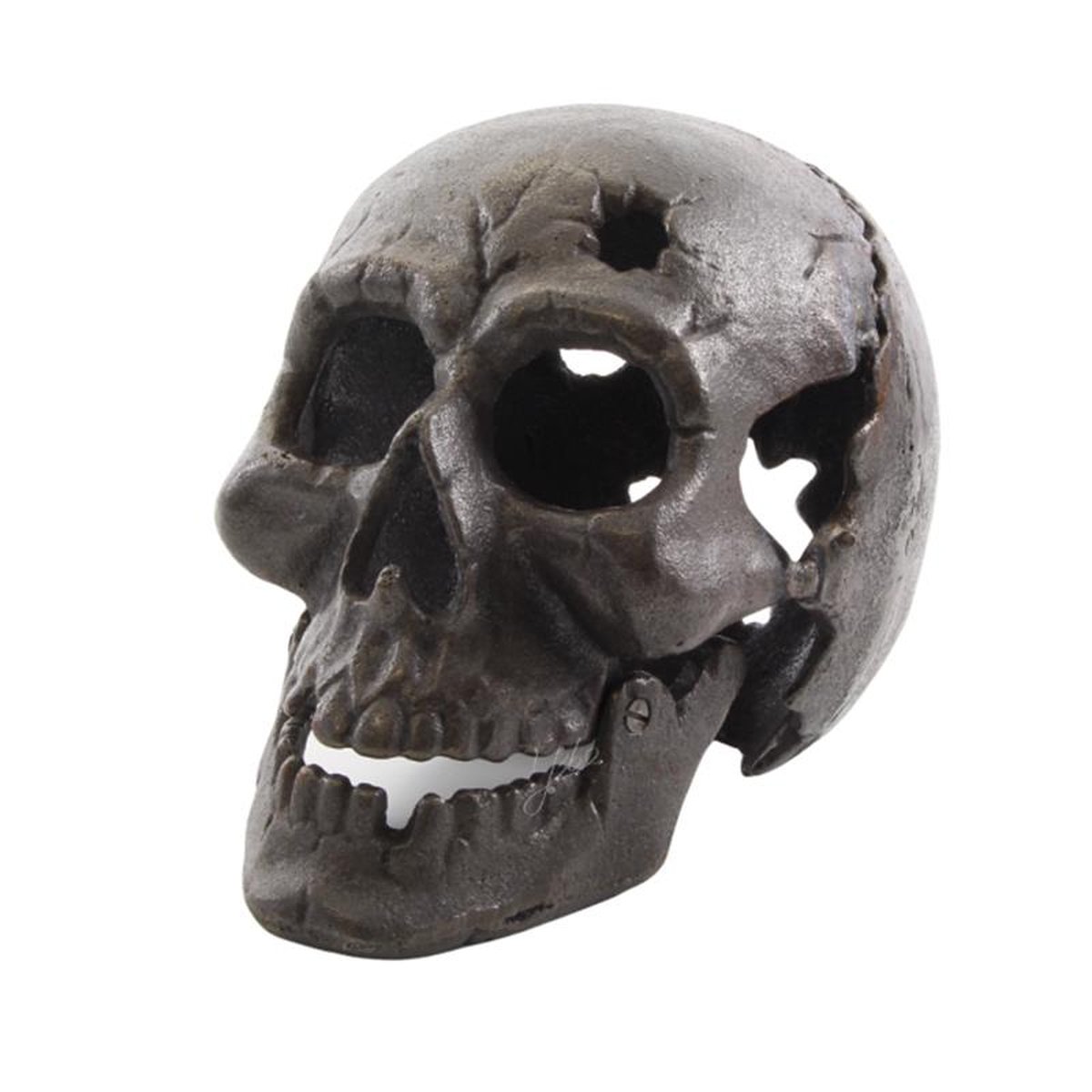 A GREY CAST IRON SKULL