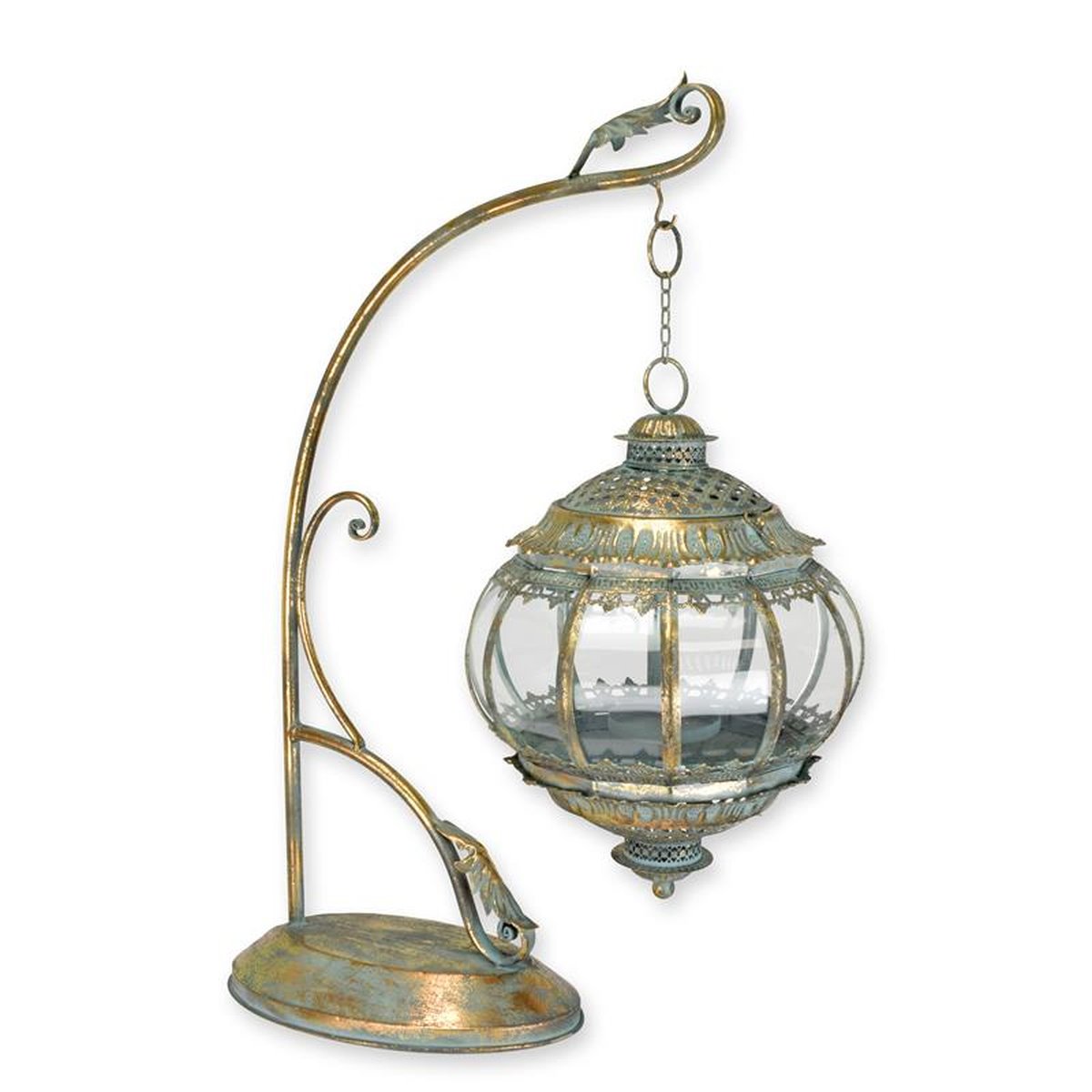 A HANGING TIN LANTERN ON STAND