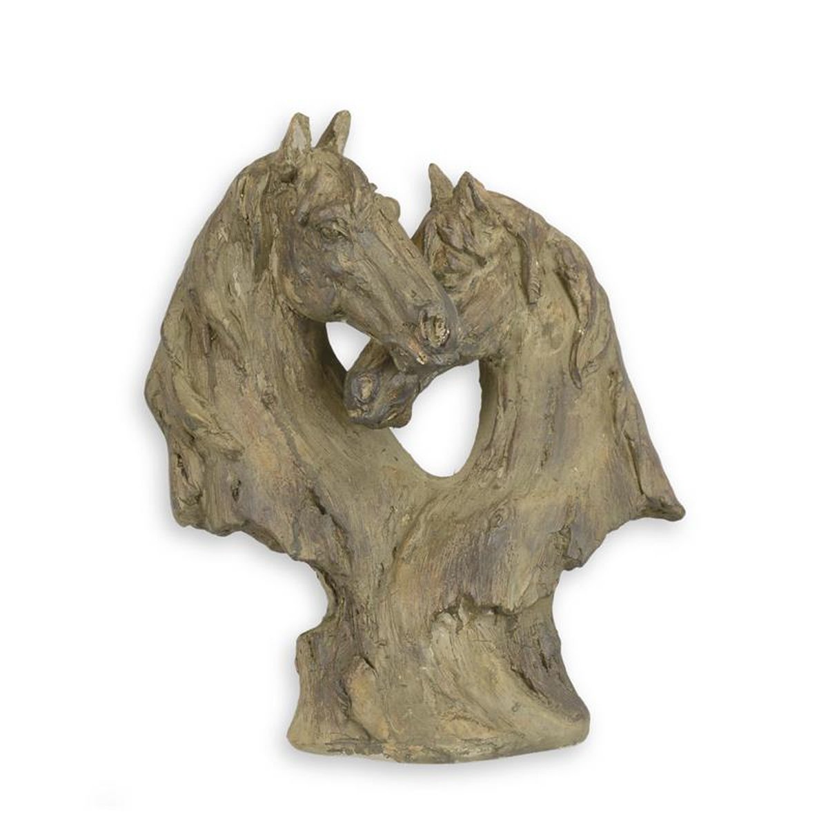 A HEART SHAPED MGO STATUE OF TWO HORSE HEADS