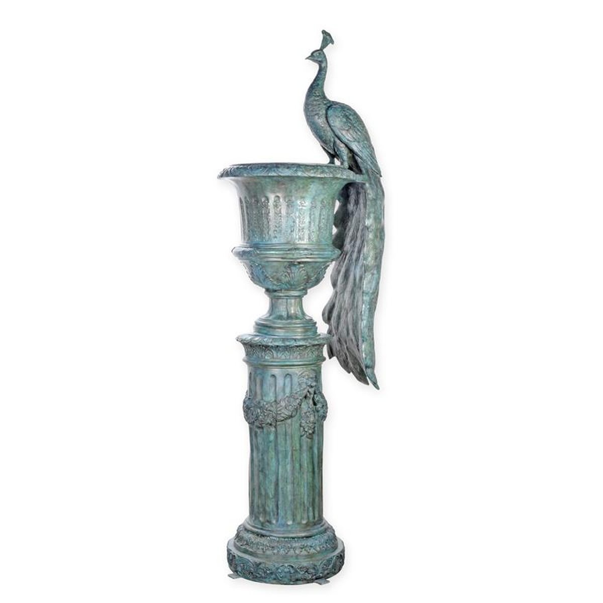 A LARGE BRONZE PEACOCK URN ON PIEDESTAL