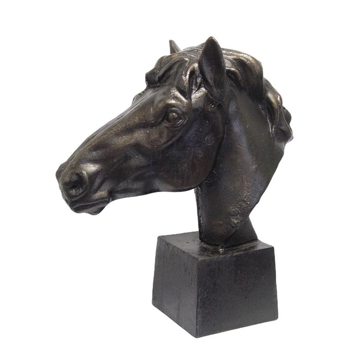 A LARGE CAST IRON HORSE HEAD, BRONZE COLOUR