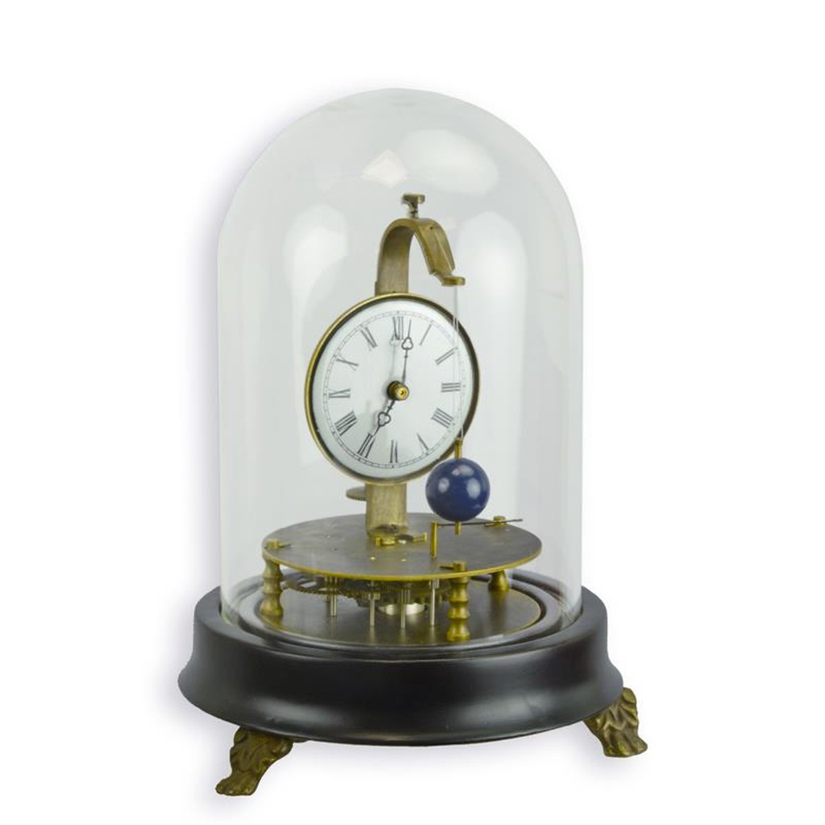 A MECHANICAL TABLE CLOCK UNDER GLASS DOME