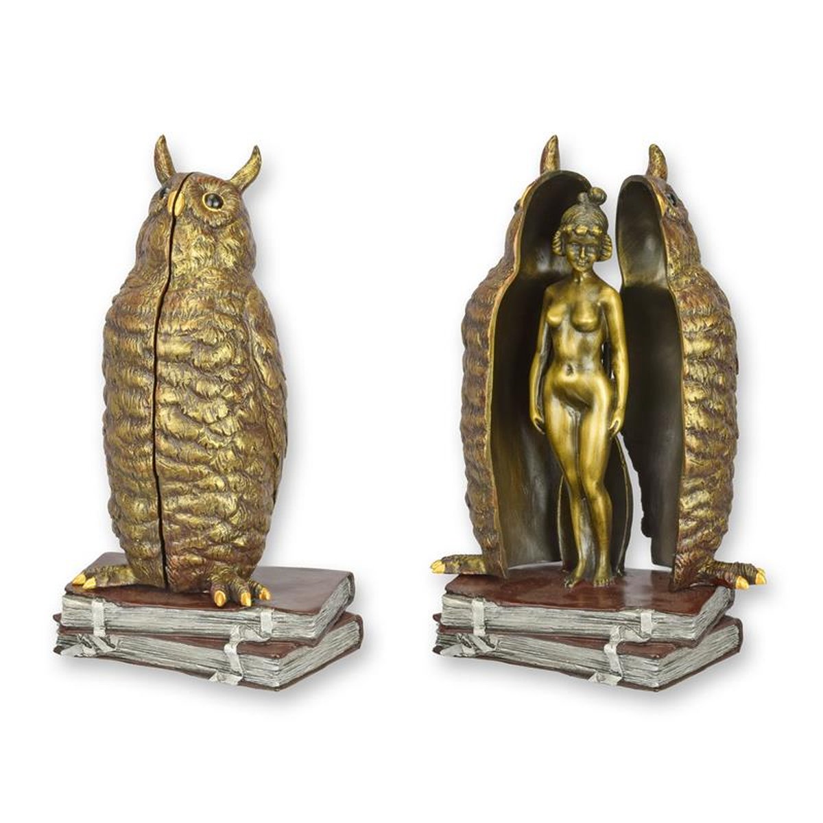 A METAMORPHIC BRONZE OWL REVEALING A FEMALE NUDE