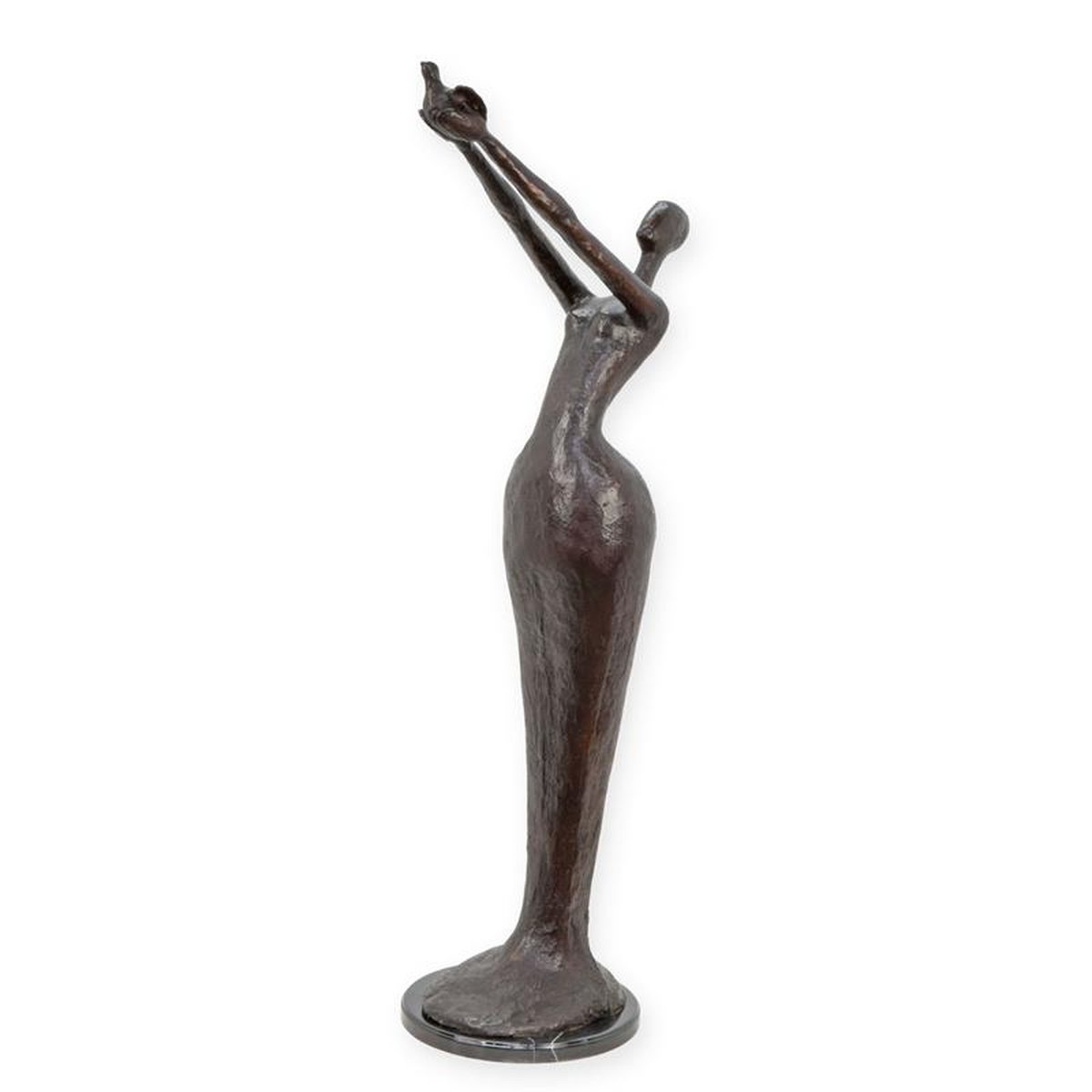 A MODERNIST BRONZE SCULPTURE OF A WOMAN HOLDIGN A BIRD