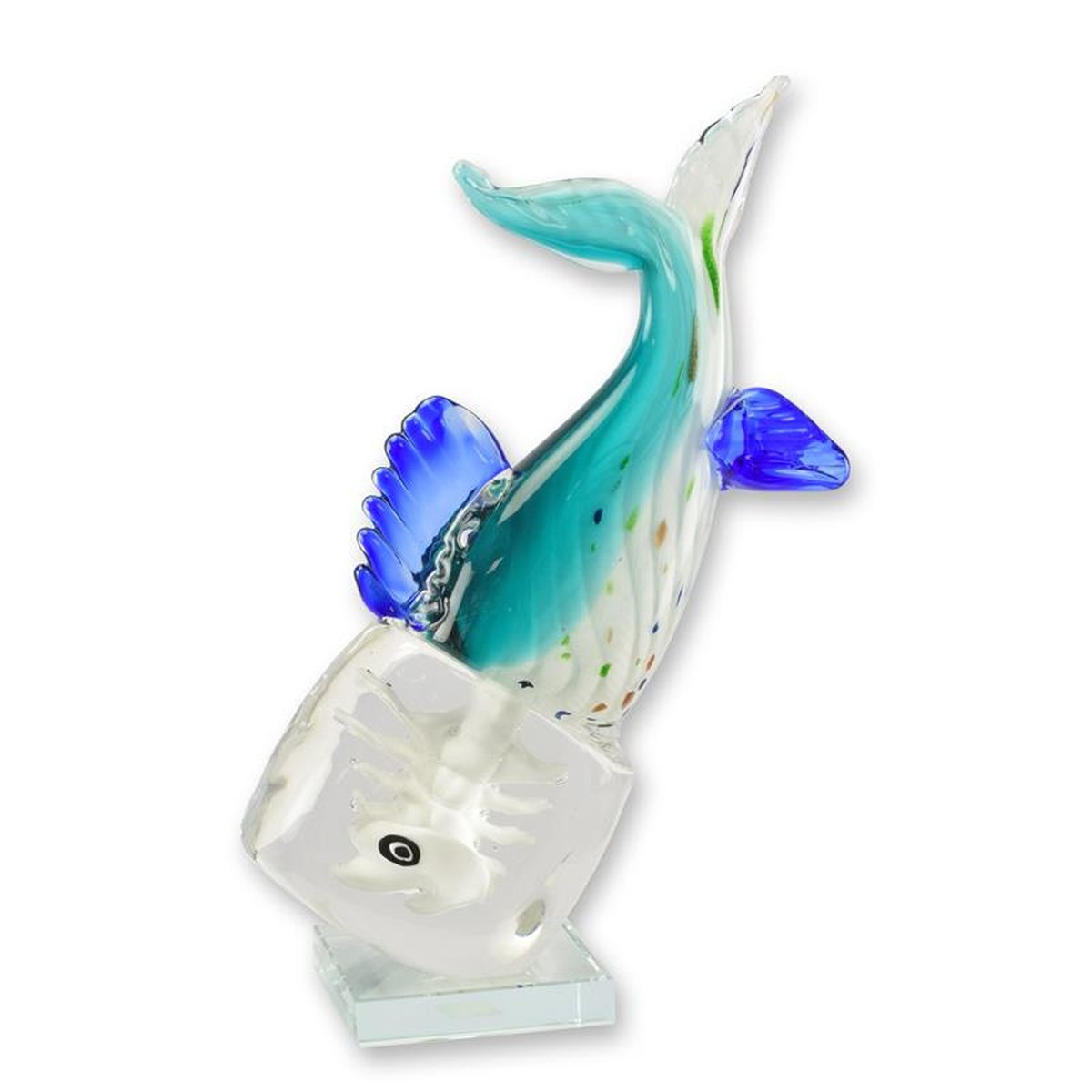 A MURANO STYLE GLASS FIGURINE OF A FISH IN AN ICE CUBE