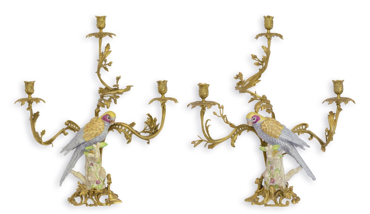 A PAIR BRONZE MOUNTED PORCELAIN PARROT CANDLE HOLDER