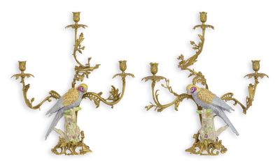 A PAIR BRONZE MOUNTED PORCELAIN PARROT CANDLE HOLDER