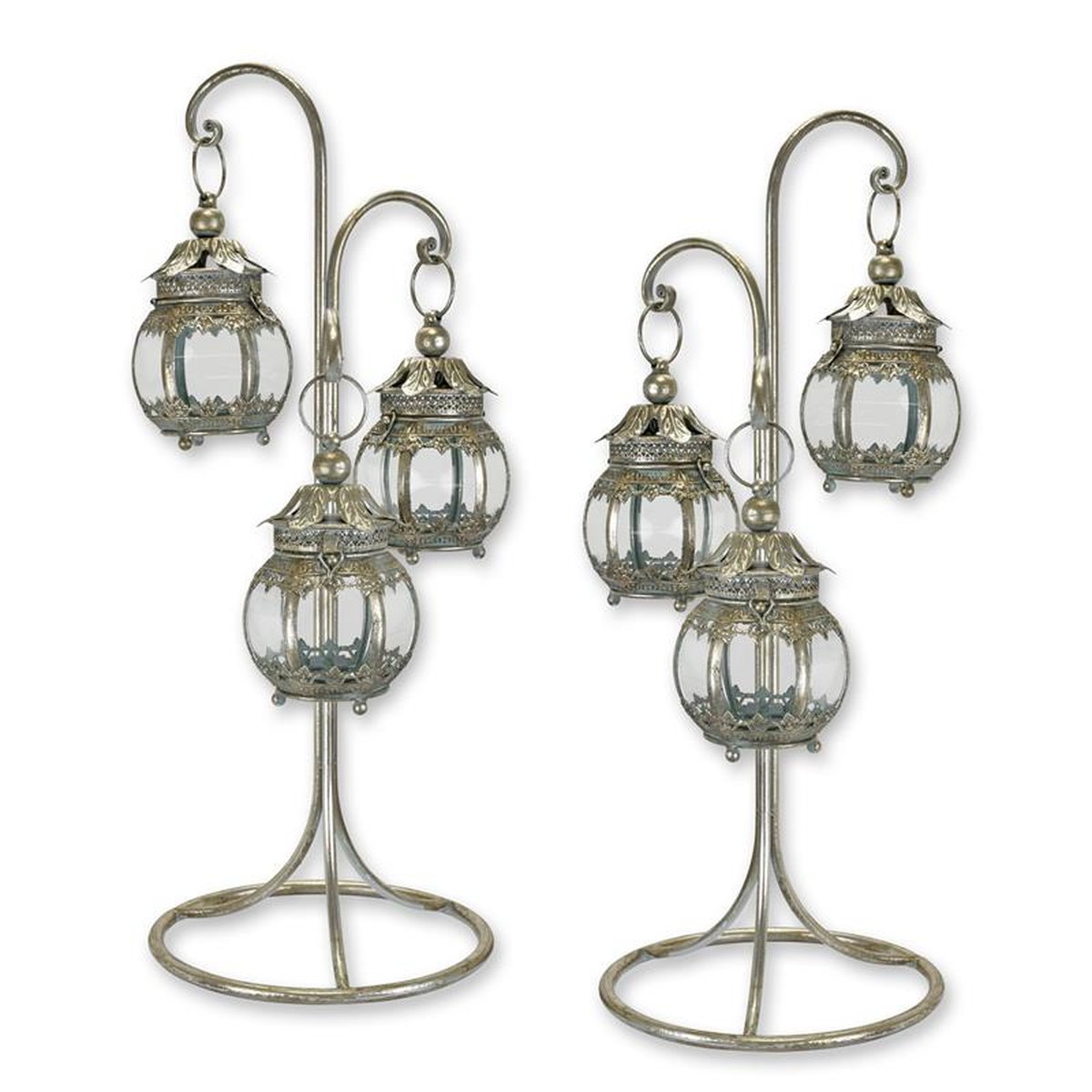 A PAIR OF 3 HANGING LANTERNS ON STAND