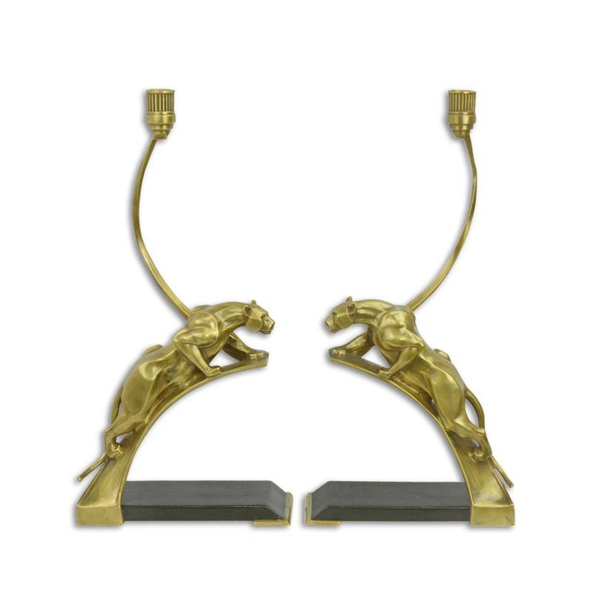 A PAIR OF BRONZE ART DECO PANTHER CANDLEHOLDERS