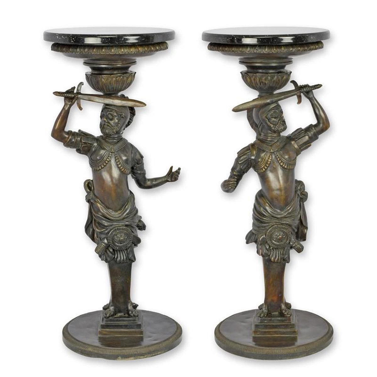 A PAIR OF BRONZE GUÉRIDON WITH MARBLE TOP