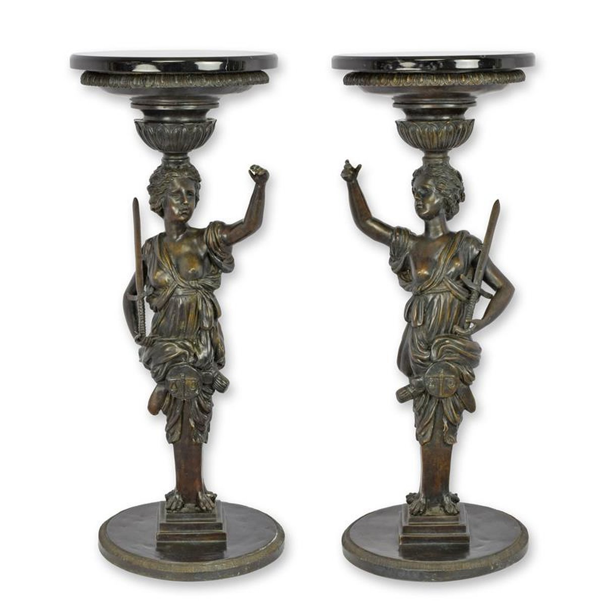A PAIR OF BRONZE GUÉRIDON WITH MARBLE TOP