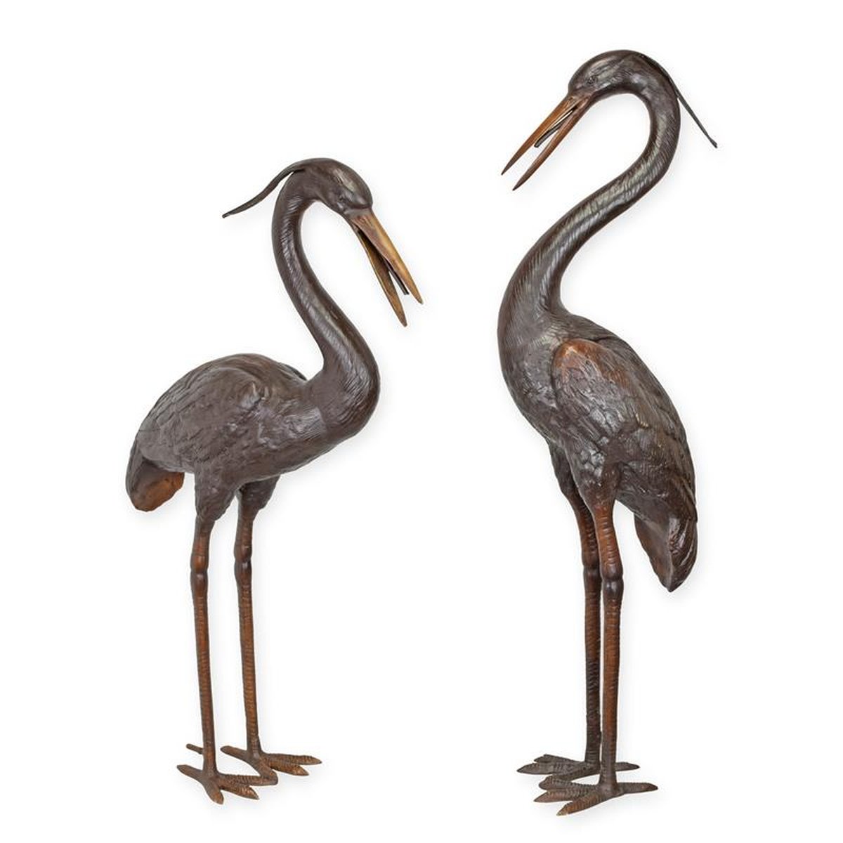 A PAIR OF BRONZE HERON FOUNTAINS