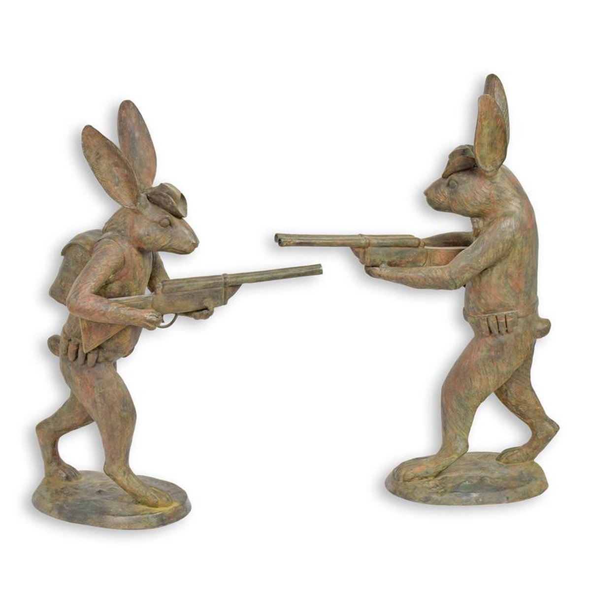 A PAIR OF BRONZE HUNTING HARES - OLD GREEN