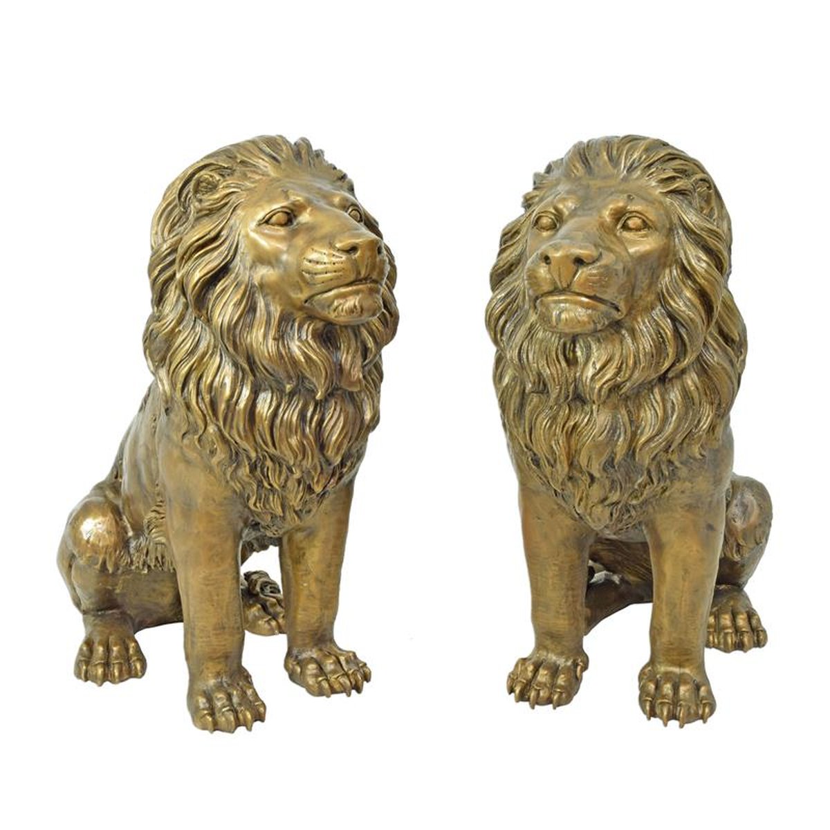 A PAIR OF BRONZE LIONS SITTING