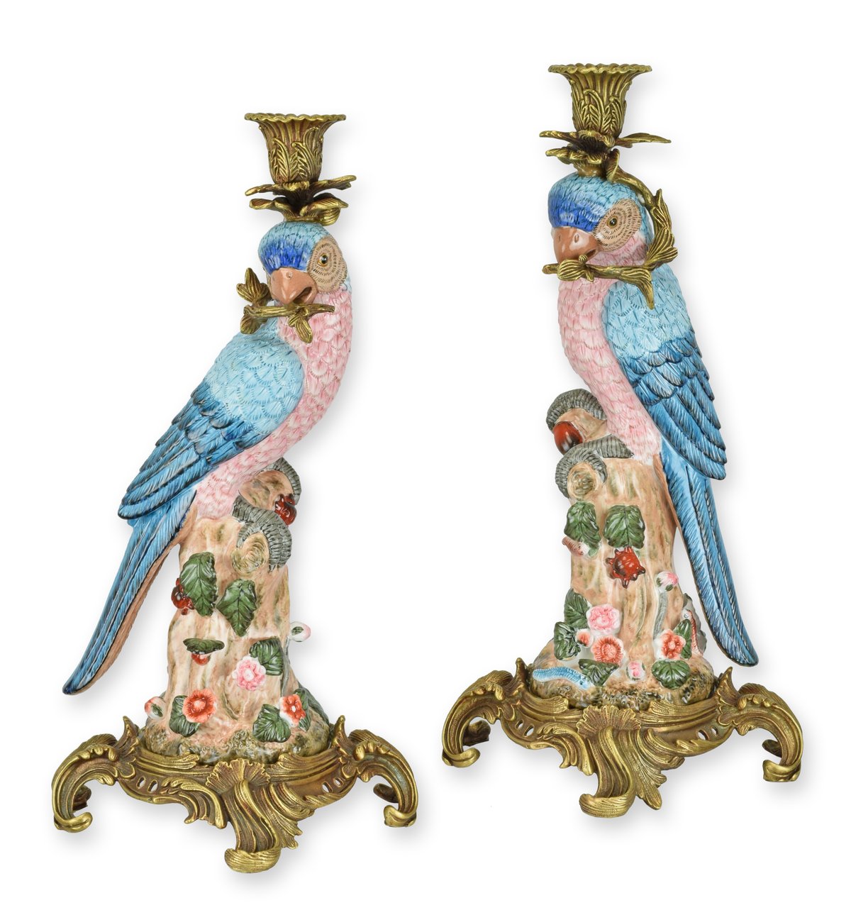 A PAIR OF BRONZE MOUNTED PORCELAIN PARROT CANDLE HOLDERS
