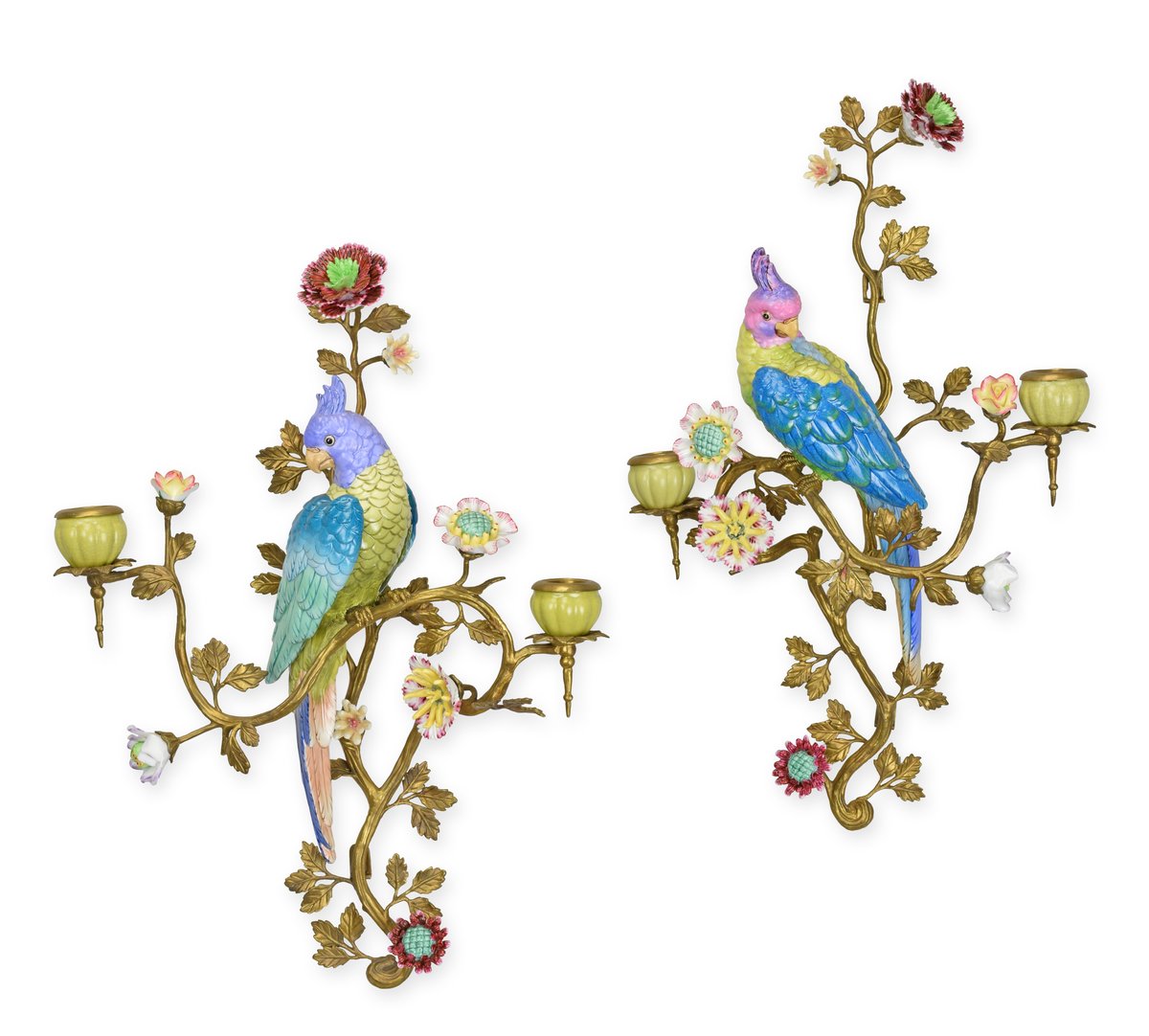 A PAIR OF BRONZE MOUNTED PORCELAIN TWO-BRANCH WALL APPLIQUE