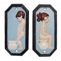 A PAIR OF CAST IRON BOY AND GIRL TOILET PLAQUES - BLUE