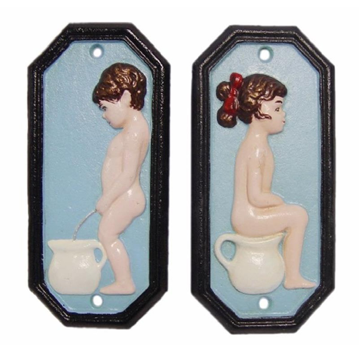 A PAIR OF CAST IRON BOY AND GIRL TOILET PLAQUES - BLUE