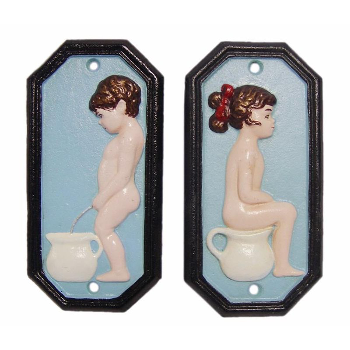 A PAIR OF CAST IRON BOY AND GIRL TOILET PLAQUES - BLUE