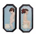 A PAIR OF CAST IRON BOY AND GIRL TOILET PLAQUES - BLUE