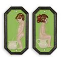 A PAIR OF CAST IRON BOY AND GIRL TOILET PLAQUES - GREEN
