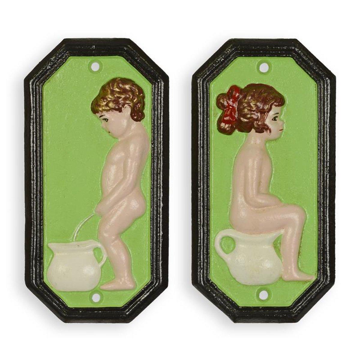 A PAIR OF CAST IRON BOY AND GIRL TOILET PLAQUES - GREEN
