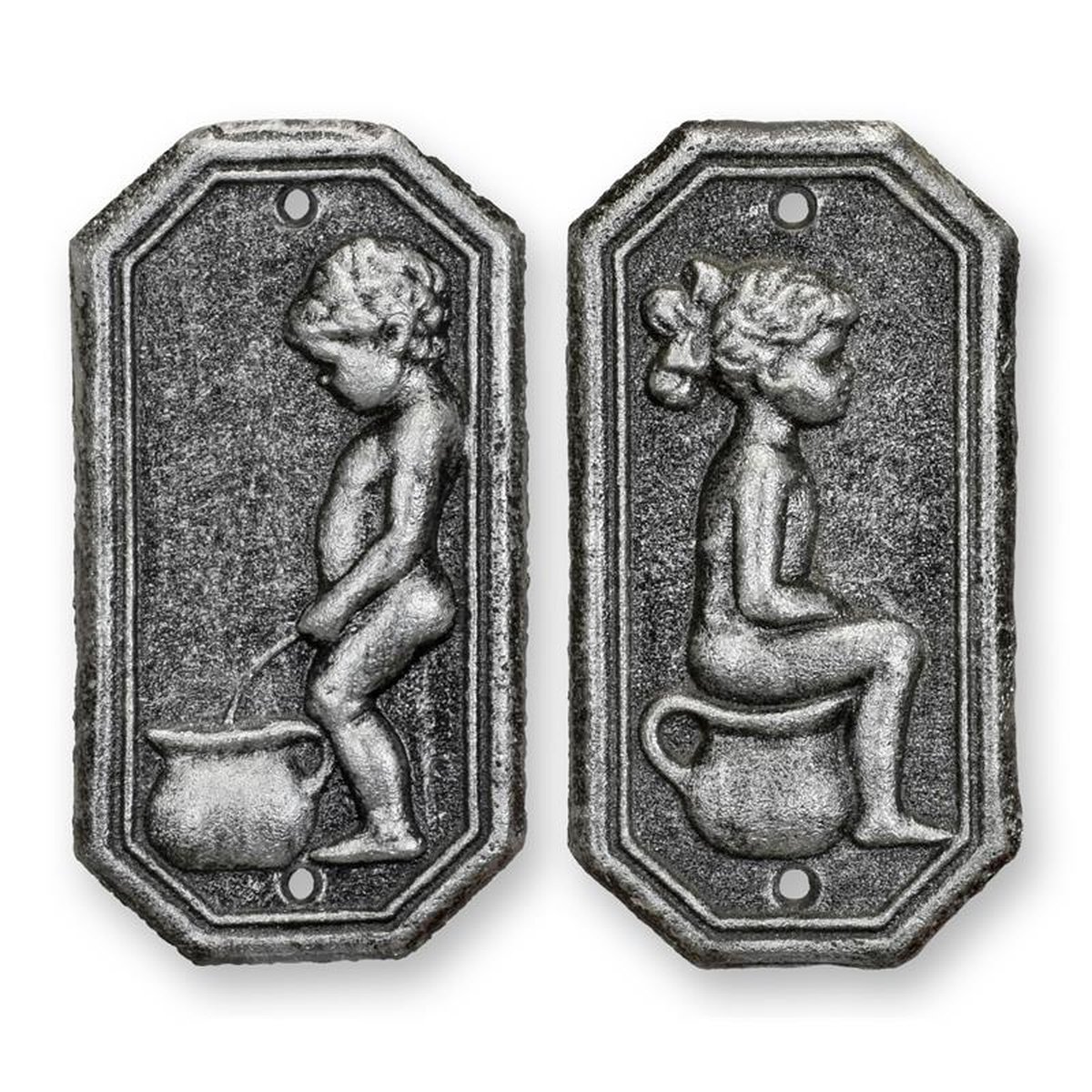 A PAIR OF CAST IRON BOY AND GIRL TOILET PLAQUES - OLD SILVER